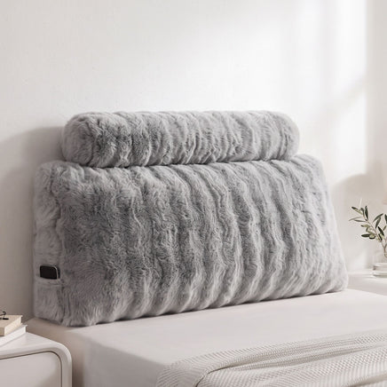 Giselle Wedge Pillow Headboard, Easy Wash Zipper Cover & Anti-Flat Foam, Couch Lumbar Support for Dorm Readers, 340g Faux Rabbit Fur with Dual Pockets, King Single