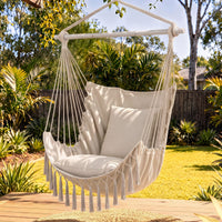 Gardeon Hammock Chair Camping Macrame Hanging Swing Cushions Metal Bar Cream