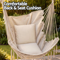 Gardeon Hammock Chair Camping Macrame Hanging Swing Cushions Metal Bar Cream