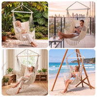 Gardeon Hammock Chair Camping Macrame Hanging Swing Cushions Metal Bar Cream