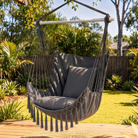 Gardeon Hammock Chair Camping Macrame Hanging Swing Cushions Metal Bar Grey