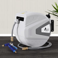 Green Fingers 30M Water Hose Reel Retractable Auto Rewind Wall Mount Garden Spray Gun