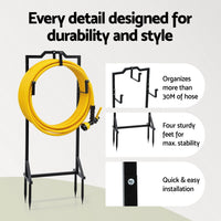 Green Fingers Garden Hose Holder Metal Portable Freestanding Hose Stand 4 Spikes Black