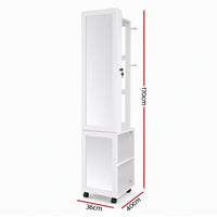 Artiss Lockable Jewellery Cabinet, Mobile Frameless Mirror, White