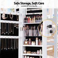 Artiss Lockable Jewellery Cabinet, Mobile Frameless Mirror, White