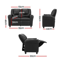 Kids Recliner Chair Double PU Leather Sofa Lounge Couch Armchair Black