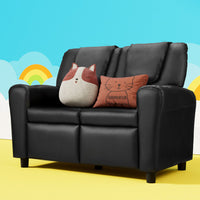 Kids Recliner Chair Double PU Leather Sofa Lounge Couch Armchair Black