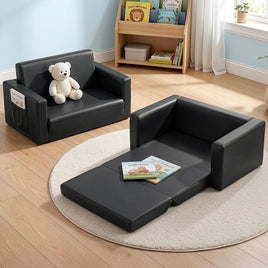 Keezi Kids Sofa 2 Seater Children Flip Open Couch PU Leather Armchair Black