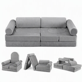 Keezi 12PCS Modular Kids Sofa Play Couch Foam Set with Removable Washable Cover Grey Playroom