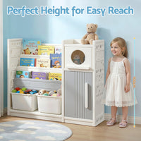 Keezi Kids Bookshelf and Toy Storage Organizer with 3-Tier Bookshelvs, 2 Removable Bins and 2 Storage Cabinets, Toddler Bookshelf with Toy Organizer for Kids' Rooms, Playrooms