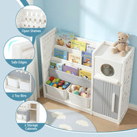 Keezi Kids Bookshelf and Toy Storage Organizer with 3-Tier Bookshelvs, 2 Removable Bins and 2 Storage Cabinets, Toddler Bookshelf with Toy Organizer for Kids' Rooms, Playrooms