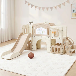 Keezi Kids Slide Set Toddler Indoor Playset With Drawing Board Beige