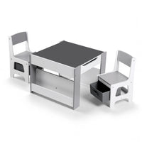 Keezi Kids Table and Chair Set, 4 in 1 Wooden Activity Table with Bookcase, Storage Box and Detachable Blackboard, Toddler Table and 2 Chairs Set, Grey