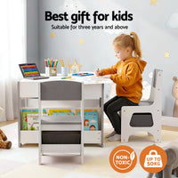 Keezi Kids Table and Chair Set, 4 in 1 Wooden Activity Table with Bookcase, Storage Box and Detachable Blackboard, Toddler Table and 2 Chairs Set, Grey