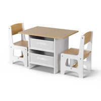 Keezi Kids Table and 2 Chairs Set Wooden Activity Table wit 2 Storage Drawers, Toddler Table and Chair Set for Children Drawing, Reading, Crafts, Eating, Natural