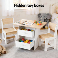 Keezi Kids Table and 2 Chairs Set Wooden Activity Table wit 2 Storage Drawers, Toddler Table and Chair Set for Children Drawing, Reading, Crafts, Eating, Natural