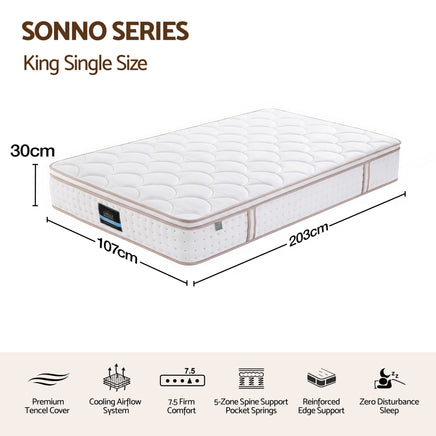 Giselle 30cm King Single Spring Mattress Tencel Cover 5-Zone Firm Back Support