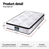 Giselle Bedding King Single Mattress 30cm Pocket Spring Euro Top Medium Firm Foam