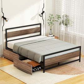 Artiss Bed Frame Double Size Metal Frame with 2 Drawers DREW