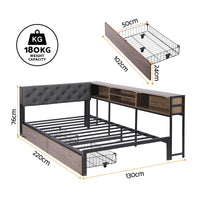 Artiss Bed Frame King Single Size with 2 Drawers and Charging Station Metal Corner Bed Base