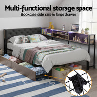 Artiss Bed Frame King Single Size with 2 Drawers and Charging Station Metal Corner Bed Base