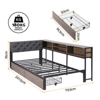 Artiss Bed Frame Single Size with 2 Drawers and Charging Station Metal Corner Bed Base