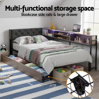 Artiss Bed Frame Single Size with 2 Drawers and Charging Station Metal Corner Bed Base