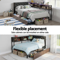 Artiss Bed Frame Single Size with 2 Drawers and Charging Station Metal Corner Bed Base