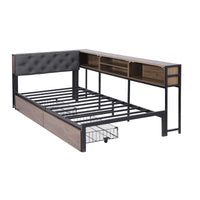 Artiss Bed Frame Single Size with 2 Drawers and Charging Station Metal Corner Bed Base