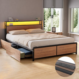 Artiss Metal Bed Frame Double Size LED Storage Headboard USB Charge 4 Drawers
