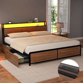 Artiss Metal Bed Frame King Size with 2-Tier Storage Headboard Metal Platform with 4 Storage Drawers Built in Charging Station & LED Noise-Free/Metal Support/No Box Spring Needed Vintage Brown