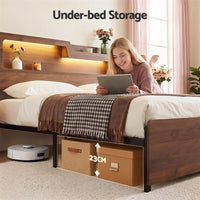 Artiss Double Bed Frame Metal with Charging Station LED Light Storage Shelf