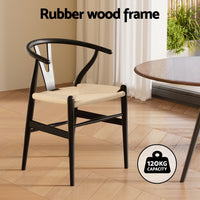 1x Dining Chair Wooden Rattan Wishbone Black