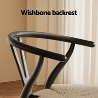 1x Dining Chair Wooden Rattan Wishbone Black