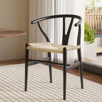 1x Dining Chair Wooden Rattan Wishbone Black