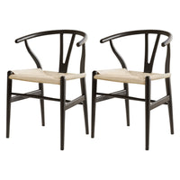 1 Set of 2 Artiss Dining Chairs Wooden Rattan Wishbone Black