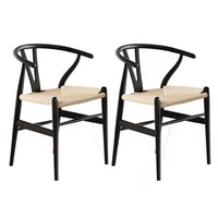 1 Set of 2 Dining Chairs Wooden Rattan Wishbone Black