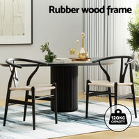 1 Set of 2 Dining Chairs Wooden Rattan Wishbone Black