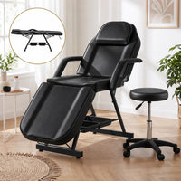 Zenses Beauty Bed with Stool, Black, Adjustable Facial Massage Table, Tattoo Chair, Salon Services