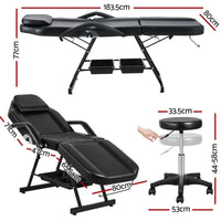 Zenses Beauty Bed with Stool, Black, Adjustable Facial Massage Table, Tattoo Chair, Salon Services