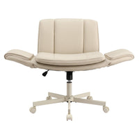 Artiss Cross Legged Office Chair PU Leather Swivel Vanity Chair Wide Seat Adjustable Arms Beige