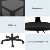 Artiss Armless Office Chair with Wheels- Ergonomic 360° Swivel Home Office Desk Chair- Height Adjustable Computer Task Chair with Fabric Back and Seat for Small Space- Black- 2421-BK