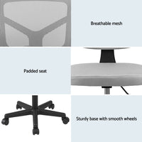 Artiss Armless Office Chair with Wheels- Ergonomic 360° Swivel Home Office Desk Chair- Height Adjustable Computer Task Chair with Fabric Back and Seat for Small Space- Grey- 2421-GY