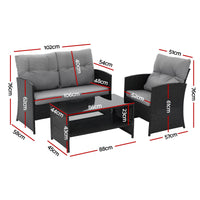 Gardeon 4-Piece Outdoor Sofa Set Coffee Table Chair Rattan Furniture Black