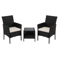 Gardeon 3PC Outdoor Bistro Set Patio Furniture Wicker Chairs Table Cushion All Black