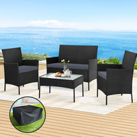 4 Seater Outdoor Sofa Set with Storage Cover Wicker Table Chair Black