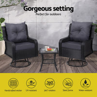 3PC Outdoor Furniture Bistro Set Lounge Wicker Swivel Chairs Table Cushion Black