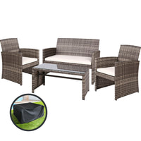 4 PCS Outdoor Sofa Set with Storage Cover Rattan Chair Furniture Grey