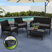 4PCS OutdoorSofa Set with Storage Cover Wicker Harp Chair Table Black