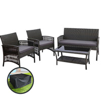 4PCS Outdoor Sofa Set with Storage Cover Wicker Harp Chair Table Grey